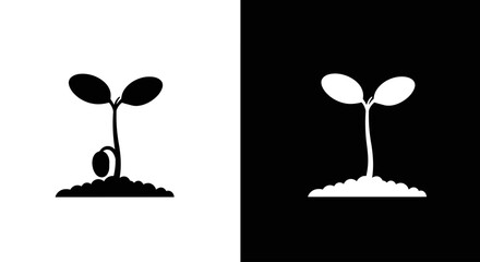 A black and a white silhouette icon of a young plant seedling sprouting from the earth, symbolizing new life and growth.