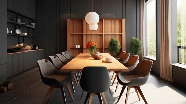 Modern dining room with wooden table, chairs, and large window overlooking trees