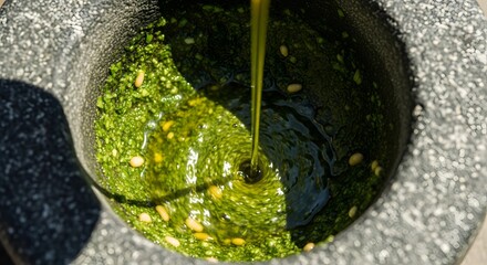 Olive Oil Streamed into Mortar&mdash;Fresh Homemade Basil Pesto