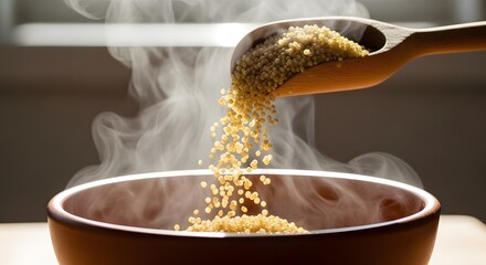 Steaming Amaranth Grains Poured from Wooden Scoop into Bowl