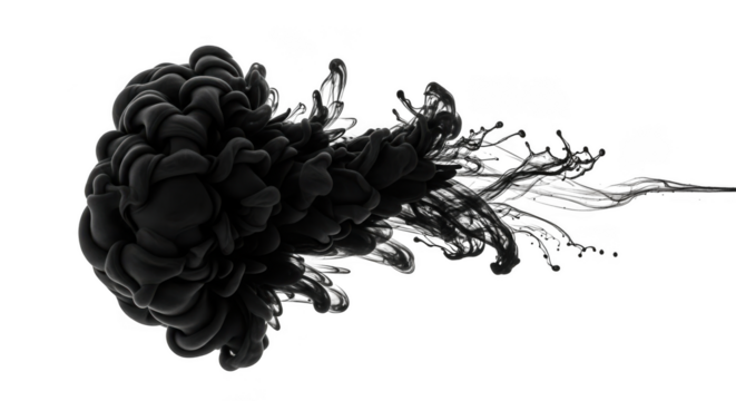 Abstract black ink cloud dispersion in water creating organic shapes and textures isolated on transparent background