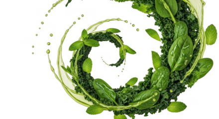 Spinning fresh green herbs and water droplets in a dynamic swirl motion isolated on transparent background