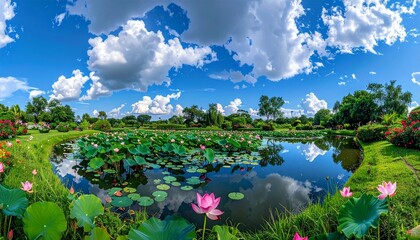 Vibrant Lotus Pond Landscape under Blue Sky and Clouds