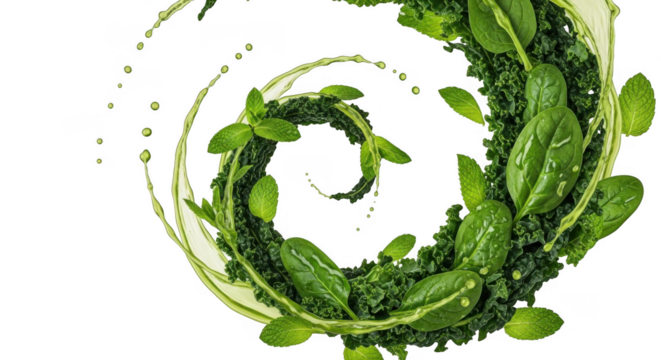 Spinning fresh green herbs and water droplets in a dynamic swirl motion isolated on transparent background