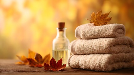 Stack of soft bath towels and essential oil bottle rest on wood surface with autumn foliage background