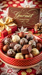 Gourmet chocolate truffles in a festive bowl with gift and decorations