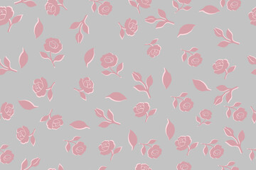 Soft pink floral seamless pattern on a gentle gray background. Perfect for romantic fabric prints, wallpapers, and feminine decorative design projects.