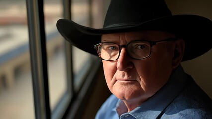 Elderly Man With Cowboy Hat Looking Out a Window on a Train
