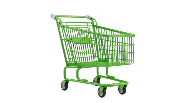 Futuristic glowing green shopping cart object abstract digital art isolated on transparent background