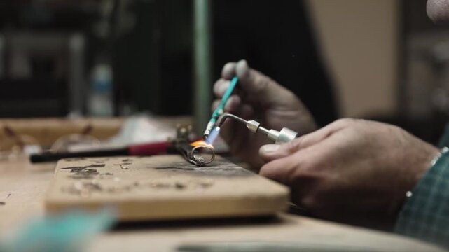 Skilled jeweler uses a precision torch to heat and shape a ring.