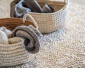 Obraz premium Warm and inviting autumn winter storage setting featuring handwoven seagrass baskets on beige carpet