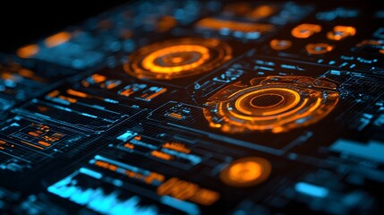 Glowing futuristic digital interface displays complex technical data with vibrant orange and cyan illumination