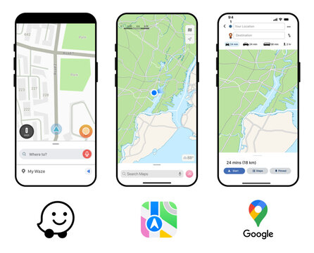Navigation apps UI comparison &mdash; Waze, Apple Maps, and Google Maps mobile interface for driving, routes, and live location