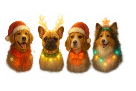 Festive dog portraits wearing santa hats, glowing christmas lights, and reindeer antlers on transparent background