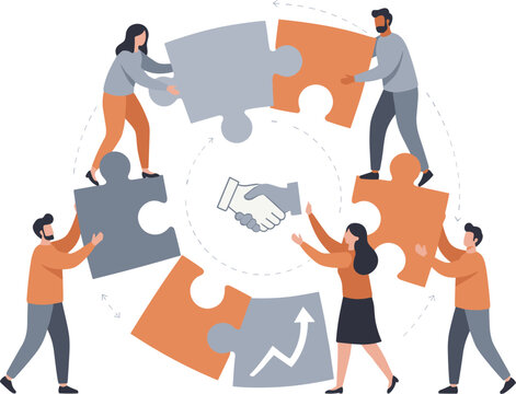 Teamwork, collaboration, and partnership success concept with diverse people connecting puzzle pieces in a circular cycle around a central handshake, symbolizing business development, and unity.