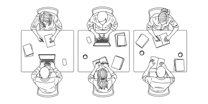 CAD Drawings. Top view of people sitting at desks, working on laptops or writing isolated on white background. Vector illustration.
