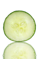 Cucumber slice with reflection as in water, isolated on transparent background, real photo.