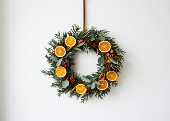 Christmas wreath made of dried oranges, cinnamon sticks, and eucalyptus, hanging on white wall