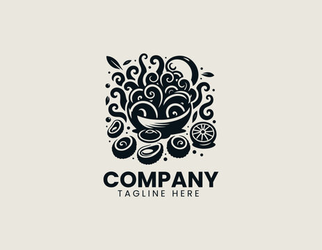 Fried calamari rings with lemon and sauce minimalist black vector logo illustration