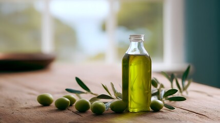 Mediterranean kitchen still life featuring vibrant olive oil fresh olives natural light serene scene rustic charm lifestyle photography