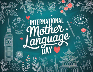 international mother language day illustration with globe, big ben, and pagoda surrounded by floral doodles on teal background