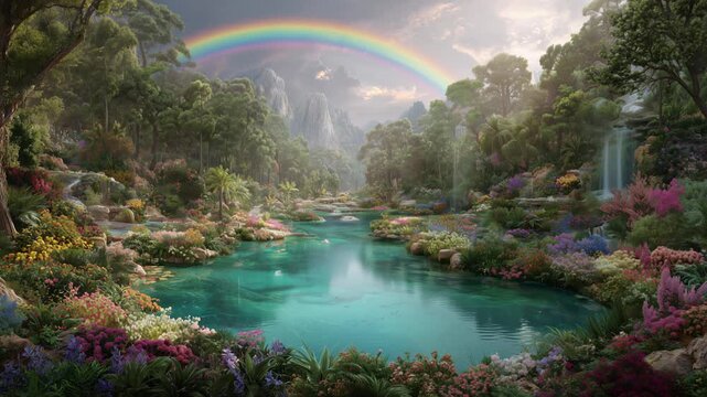 Experience eternal bliss in a radiant garden of eden under a vivid rainbow with vibrant flowers and serene waters	