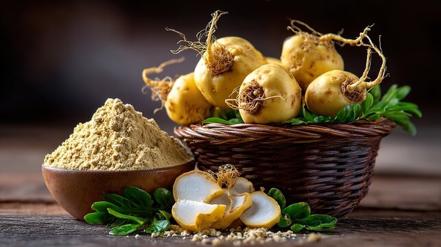 Raw maca root and powder composition with basket and bowl