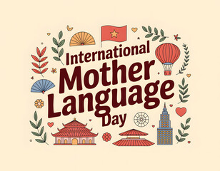 international mother language day illustration with colorful landmarks, flag, and floral elements promoting global linguistic diversity