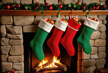 Vintage red and green Christmas stockings hung on a stone fireplace, glowing embers below