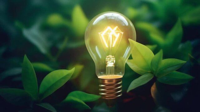 Illuminated light bulb surrounded by green leaves, symbolizing ecofriendly energy