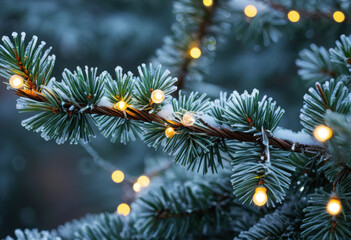 String of fairy lights wrapped around a frosted pine branch, macro shot