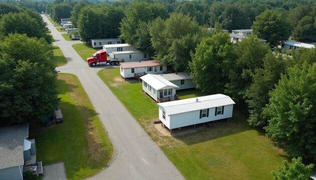 Aerial view of mobile home park with manufactured houses. Red truck transports new prefab trailer residence. Modular homes in green neighborhood offer affordable housing option for residential