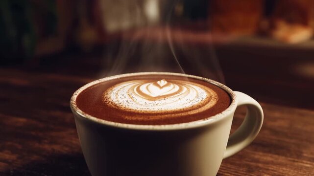 Steaming hot coffee cup with latte art on wooden table