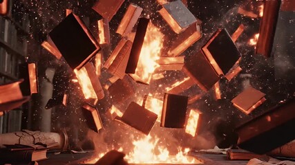 A fantastical scene of books erupting in flames within a library. Books are falling amid fire - Powered by Adobe