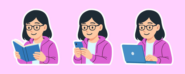 Set of Young Woman Cartoon Stickers with Technology - Reading Book, Using Phone and Laptop Vector