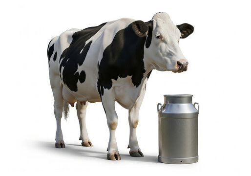 Dairy cow standing beside a classic metal milk container