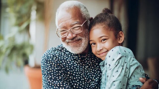 Heartwarming Bond: A grandfather embraces his granddaughter, radiating warmth and affection, their smiles reflecting a cherished moment of intergenerational love.