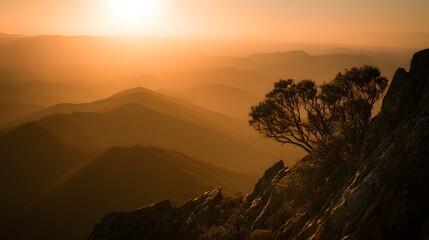 Sunlight illuminates layers of mountain ridges at sunrise or sunset with a silhouetted tree on a rocky outcrop