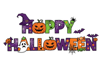 Spooky fun cartoon letters spell Happy Halloween with pumpkins, bats, spiders, ghost, witch hat, and candy creating festive holiday vibes