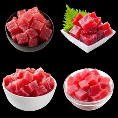 Fresh Diced Tuna in Various Bowls with Green Garnish on Black Background