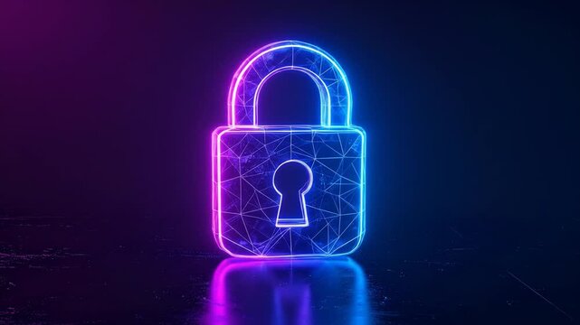 Glowing neon padlock in a futuristic, abstract digital world with purple, blue, and black gradients
