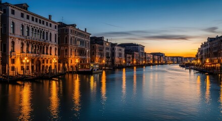 Sunset over grand canal in venice: illuminated historic buildings and serene water reflections