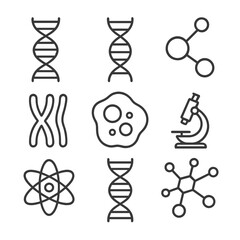 Scientific icons: dna, molecules, microscopes, and atomic structures