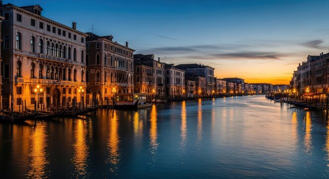 Sunset over grand canal in venice: illuminated historic buildings and serene water reflections - Powered by Adobe