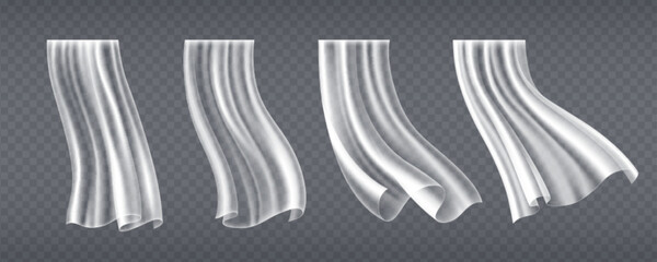 Flowing window curtain cloth set with realistic fabric folds. Swaying white sheer drapery panels Transparent lightweight textile billowing in breeze or wind for interior decoration and home design.