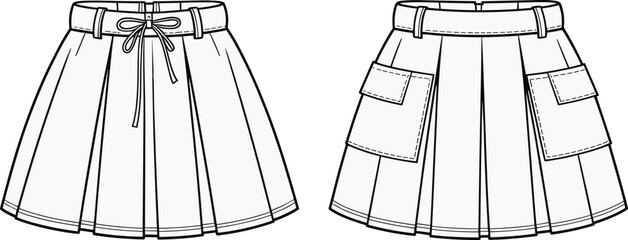 Pleated mini skirt vector flat sketch with tie belt and cargo pockets, fashion design technical drawing, apparel CAD template for women