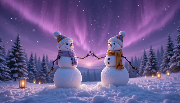 Magical Christmas Night with Two Friendly Snowmen Under a Purple Aurora Sky.