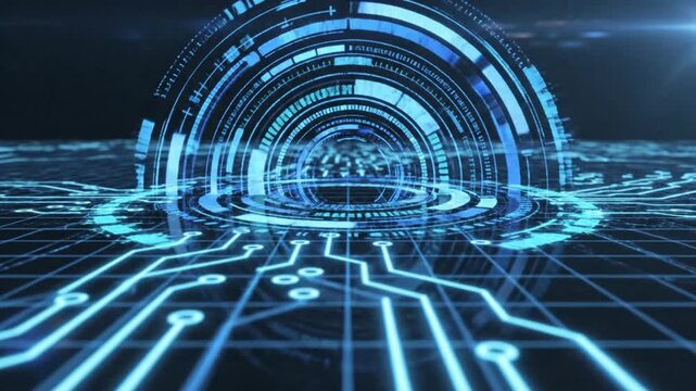 Blue glowing neon circuit lines and grid on a dark background with a circular HUD element. Futuristic digital technology, engineering, and computer network concept. 60784688 1
