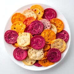 A plate of colorful, round vegetable snacks on a white background, overhead view