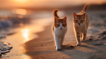 Two domestic felines with tabby markings walk together along a wet shoreline at sunset